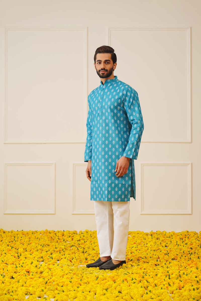 Jompers Men's Teal Cotton Floral printed kurta Pyjama Set