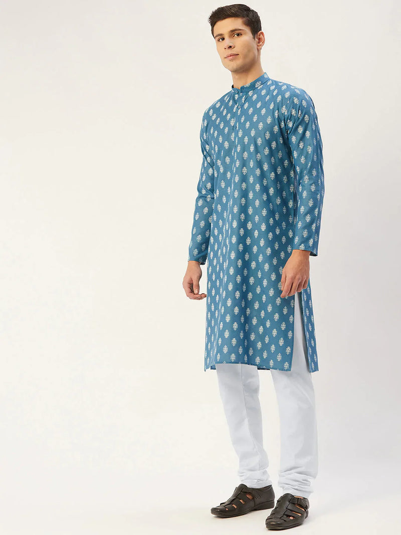 Jompers Men's Teal Cotton Floral printed kurta Only( KO 650 Teal )