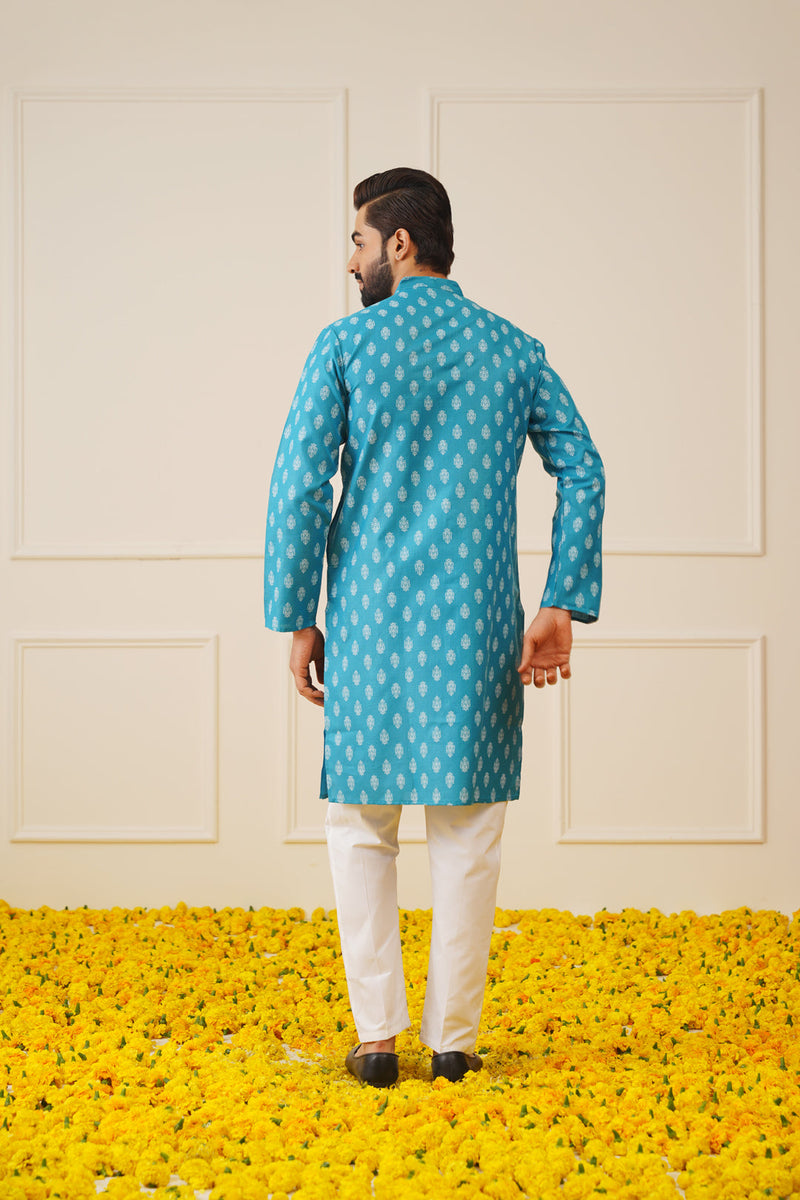 Jompers Men's Teal Cotton Floral printed kurta Pyjama Set