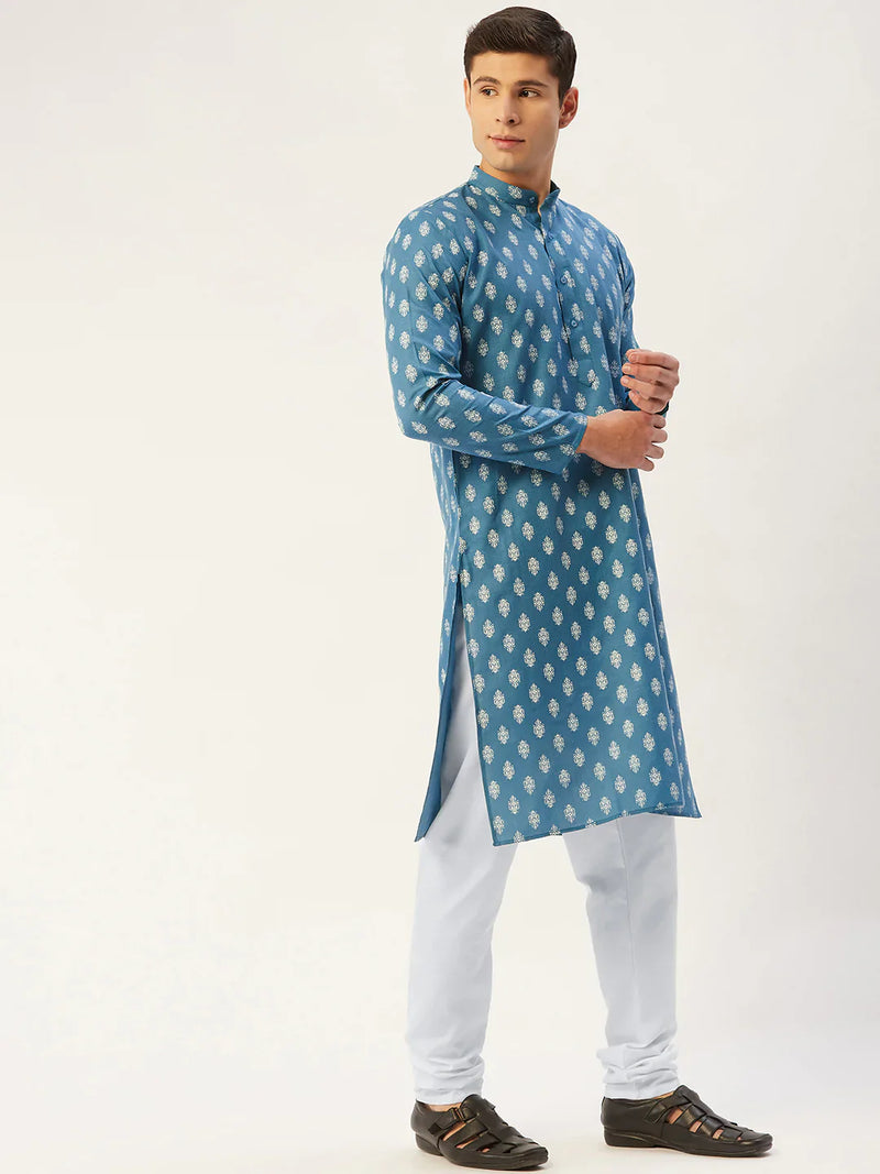 Jompers Men's Teal Cotton Floral printed kurta Pyjama Set ( JOKP 650 Teal )