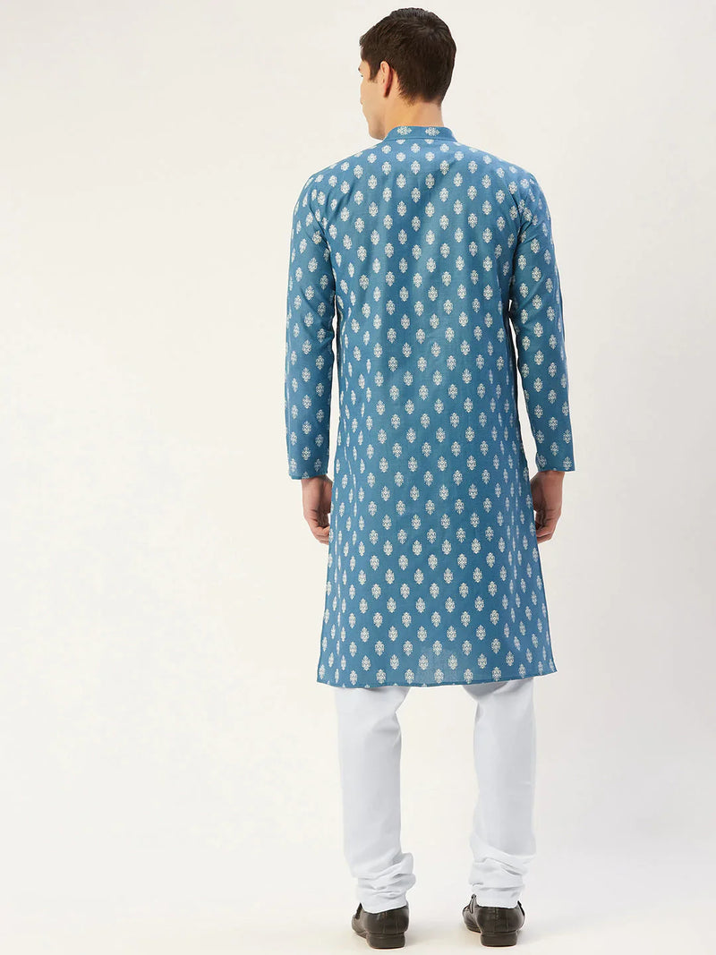 Jompers Men's Teal Cotton Floral printed kurta Only( KO 650 Teal )