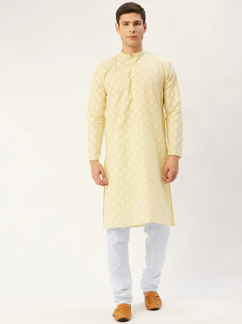 Jompers Men's Yellow Cotton Floral printed kurta Pyjama Set ( JOKP 650 Yellow )