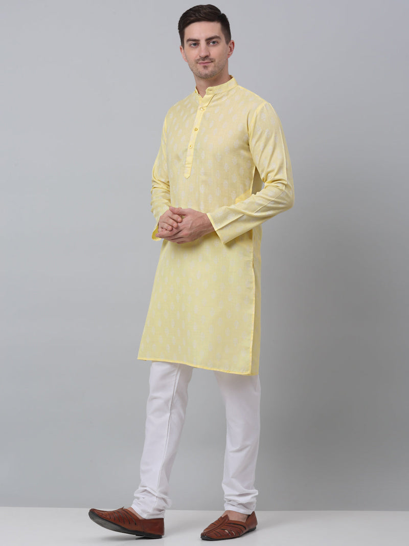 Jompers Men's Yellow Cotton Floral printed kurta Pyjama Set