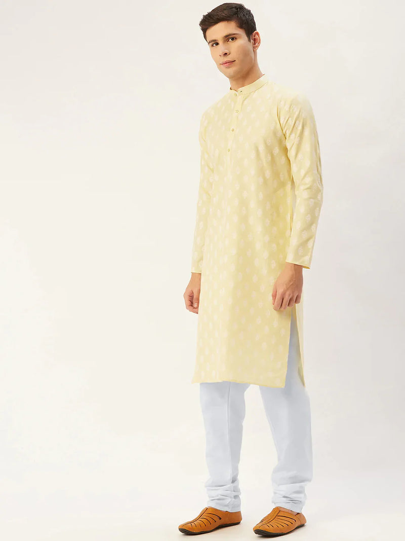 Jompers Men's Yellow Cotton Floral printed kurta Pyjama Set ( JOKP 650 Yellow )