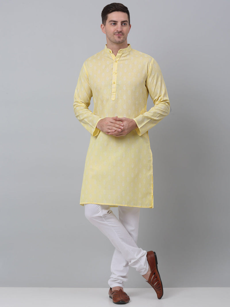 Jompers Men's Yellow Cotton Floral printed kurta Pyjama Set