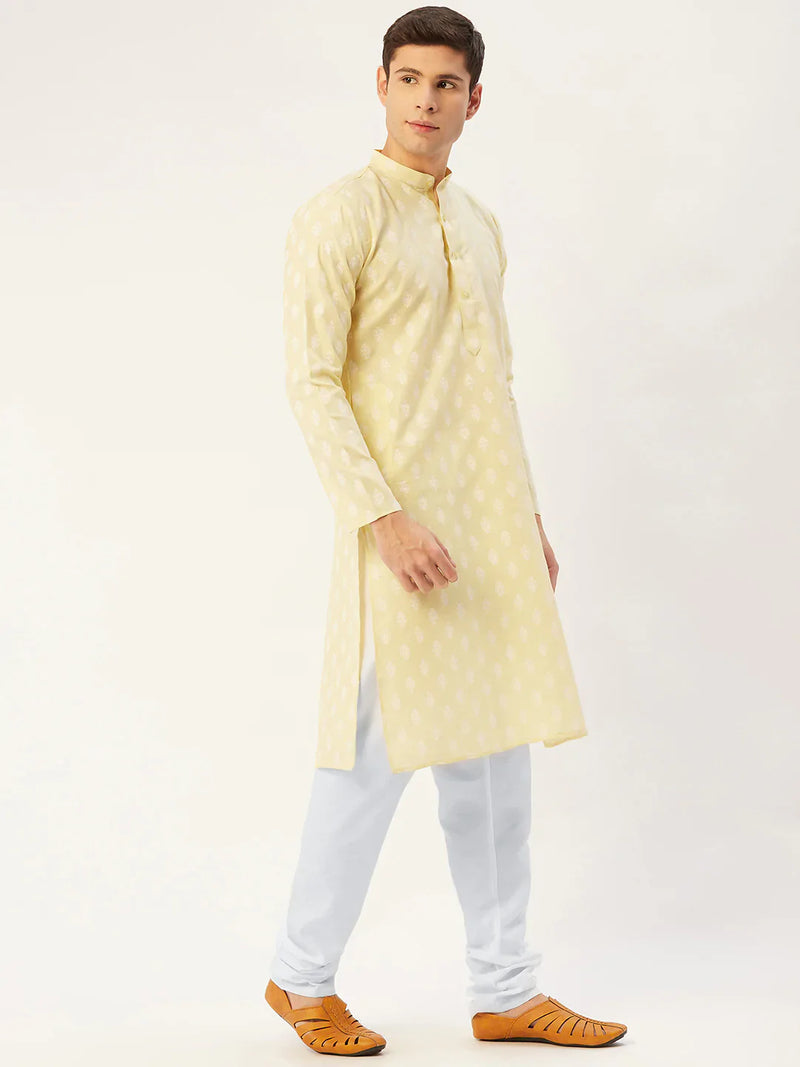 Jompers Men's Yellow Cotton Floral printed kurta Pyjama Set ( JOKP 650 Yellow )