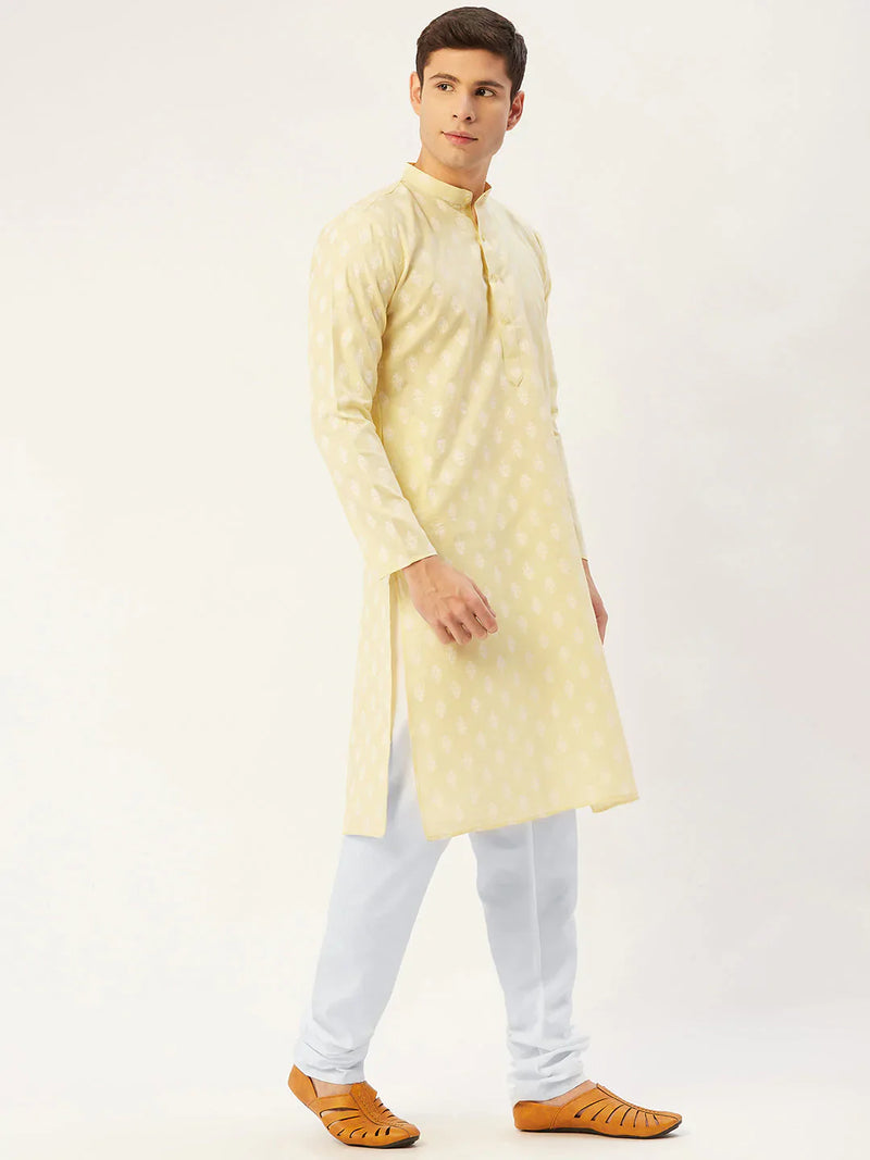 Jompers Men's Yellow Cotton Floral printed kurta Only( KO 650 Yellow )