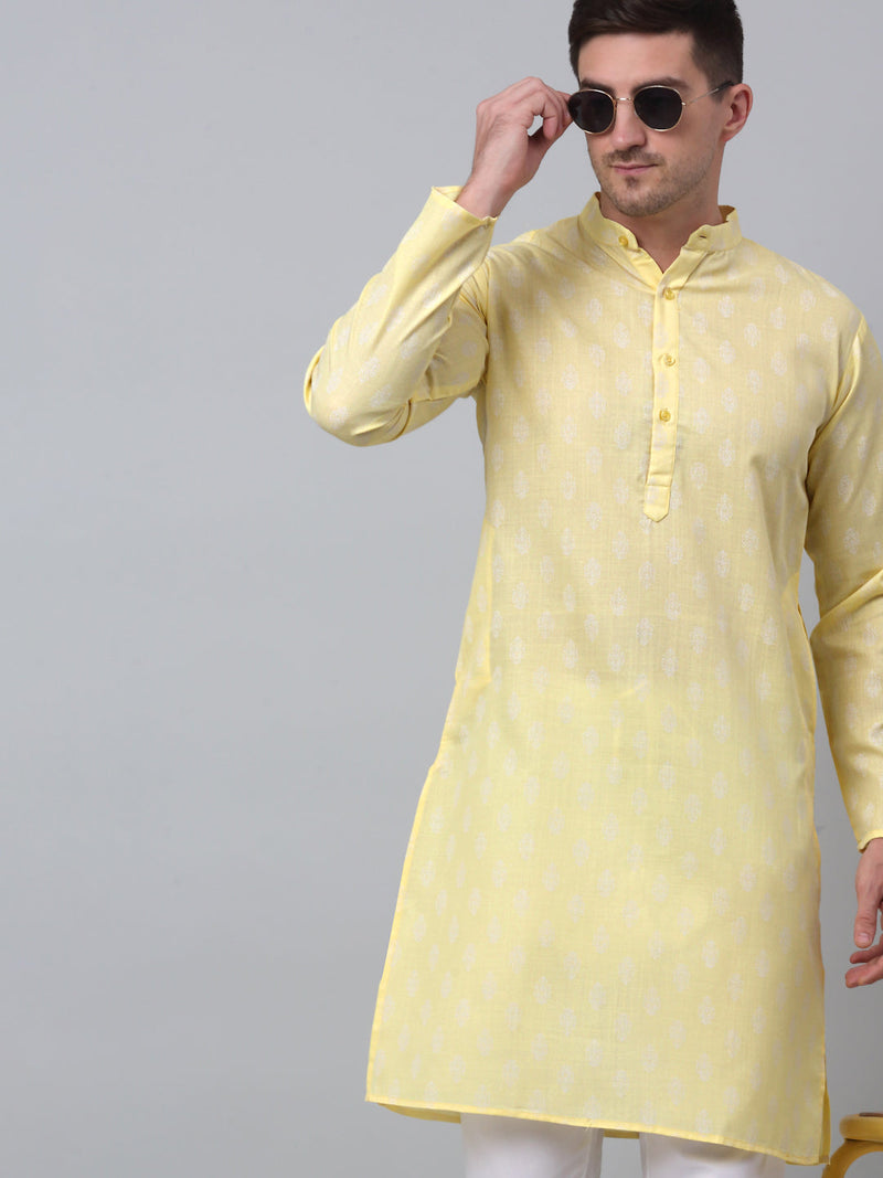 Jompers Men's Yellow Cotton Floral printed kurta Pyjama Set