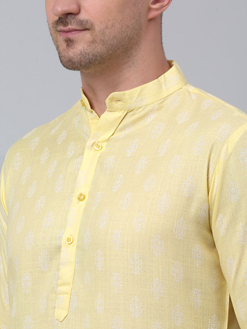 Jompers Men's Yellow Cotton Floral printed kurta Pyjama Set