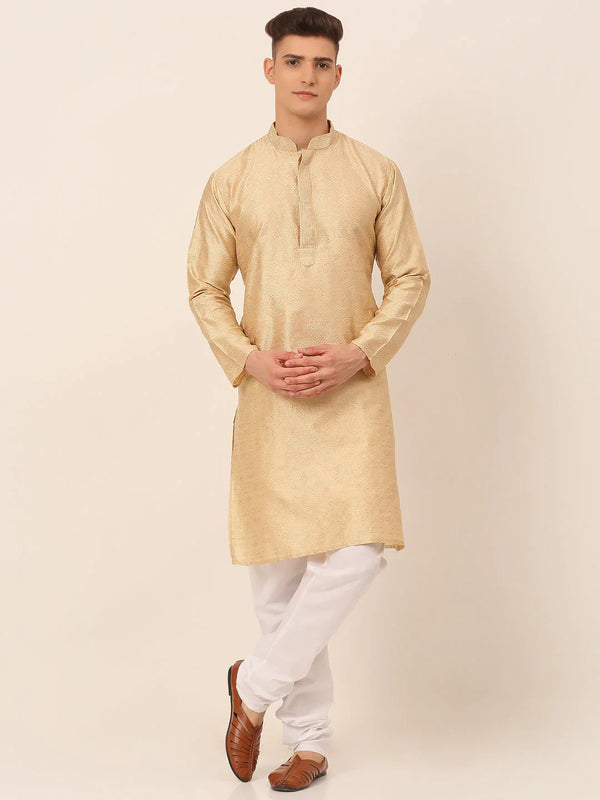 Men's Silk Blend Collar Embroidered Kurta Pyjama Set ( JOKP 662 Beige )