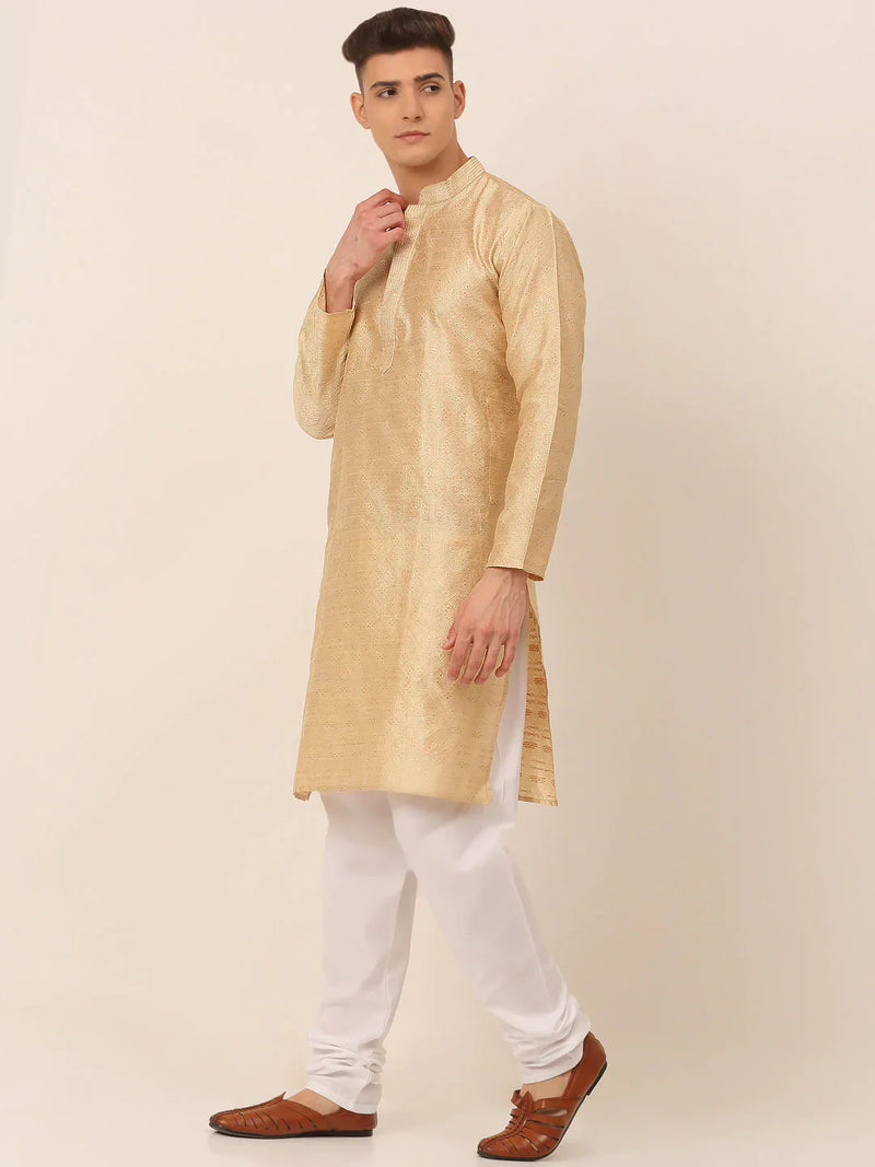 Men's Silk Blend Collar Embroidered Kurta Pyjama Set ( JOKP 662 Beige )