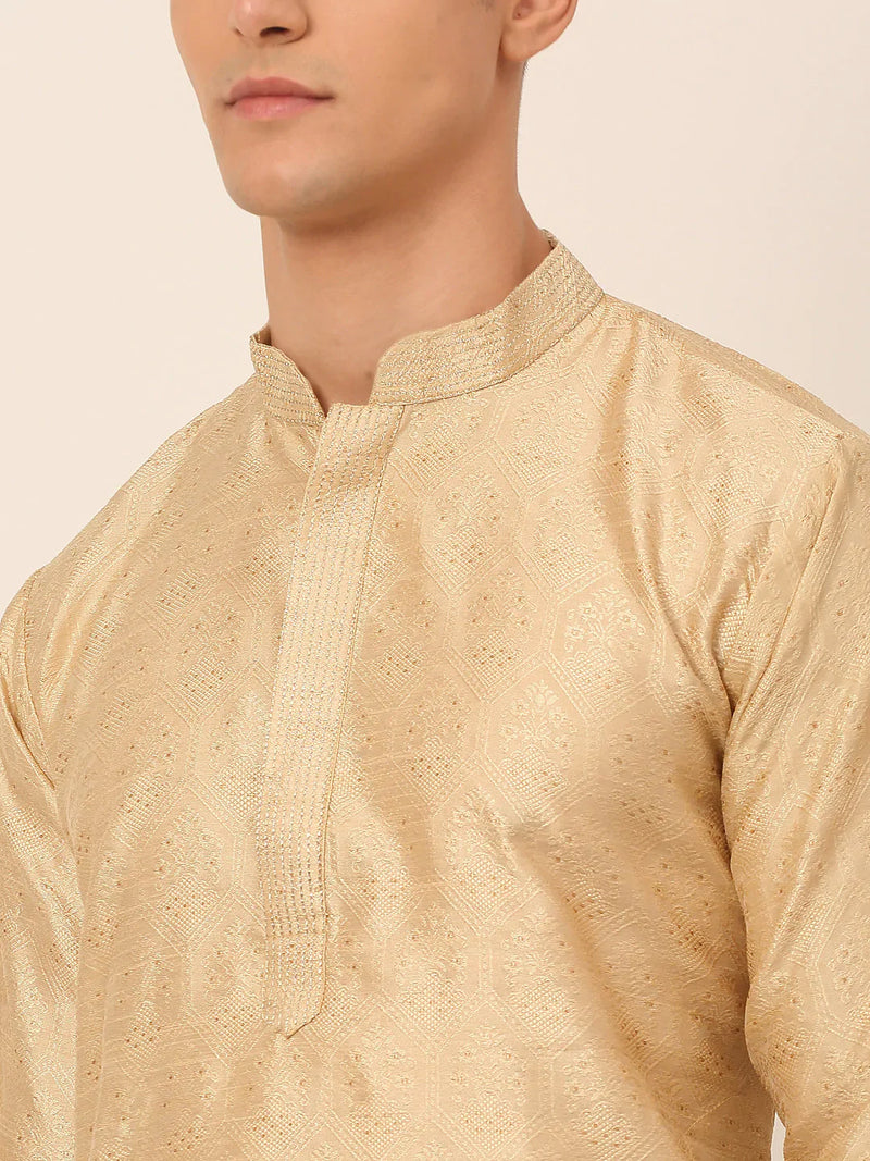 Men's Silk Blend Collar Embroidered Kurta Pyjama Set ( JOKP 662 Beige )