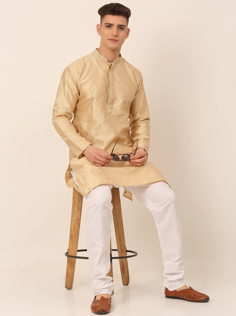 Men's Silk Blend Collar Embroidered Kurta Pyjama Set ( JOKP 662 Beige )