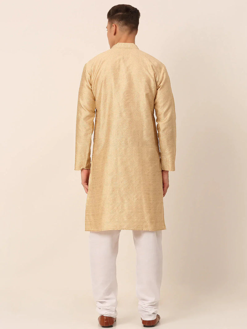 Men's Silk Blend Collar Embroidered Kurta Pyjama Set ( JOKP 662 Beige )