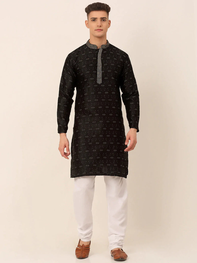 Men's Silk Blend Collar Embroidered Kurta Pyjama Set ( JOKP 662 Black )