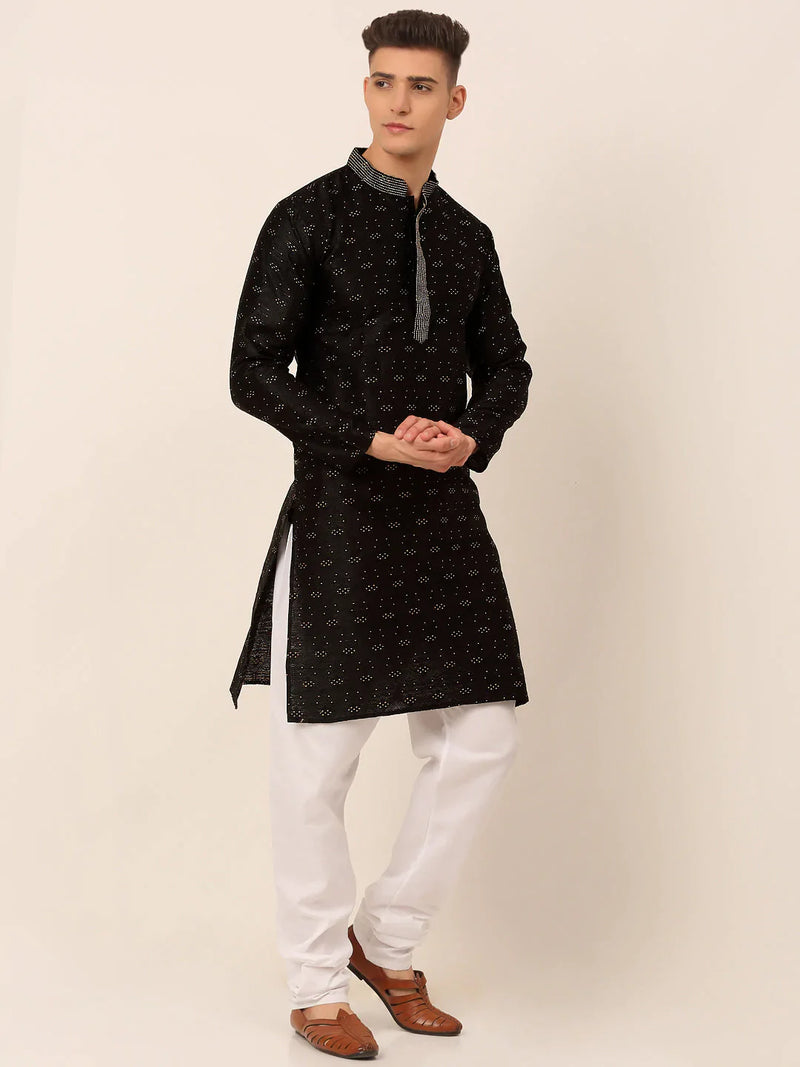 Men's Silk Blend Collar Embroidered Kurta Pyjama Set ( JOKP 662 Black )