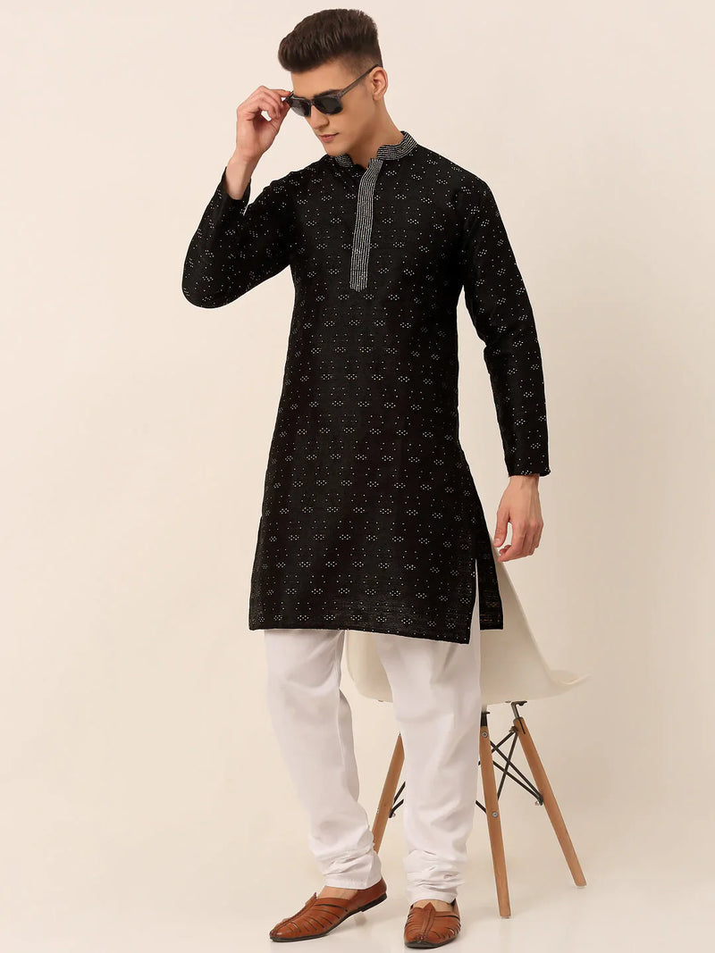 Men's Silk Blend Collar Embroidered Kurta Pyjama Set ( JOKP 662 Black )