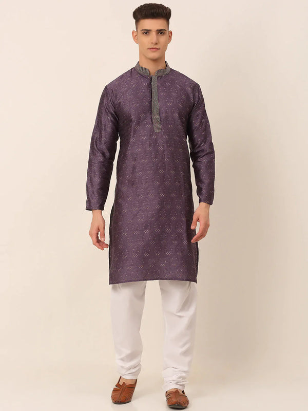 Men's Silk Blend Collar Embroidered Kurta Pyjama Set ( JOKP 662 Purple )