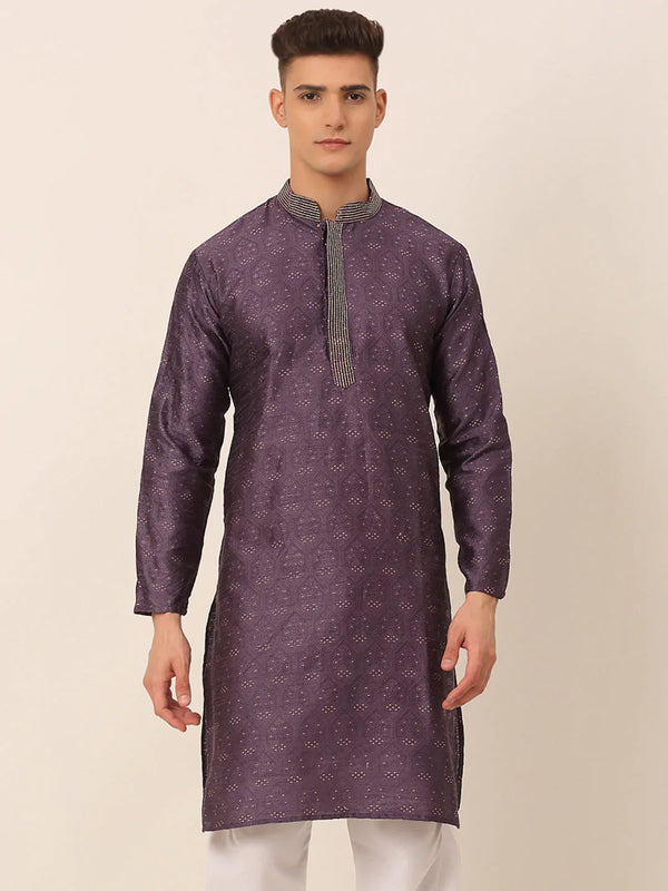 Men's Silk Blend Collar Embroidered Kurta only ( KO 662 Purple )