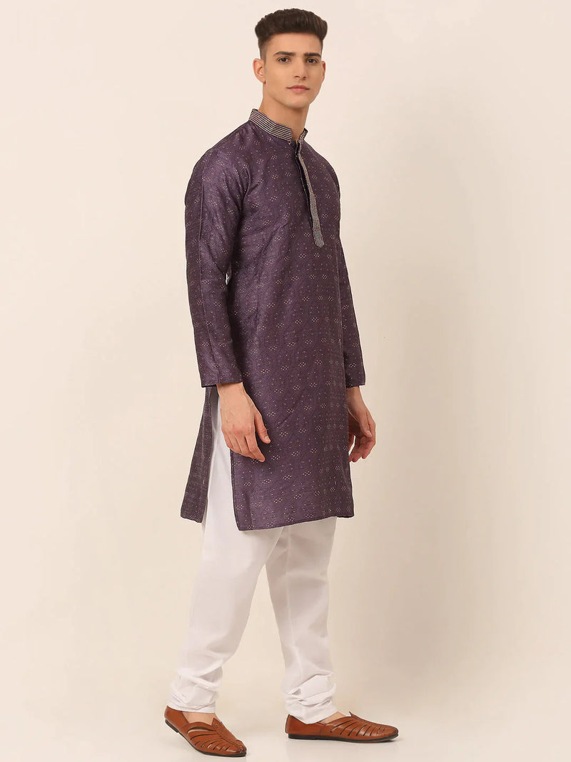 Men's Silk Blend Collar Embroidered Kurta Pyjama Set ( JOKP 662 Purple )