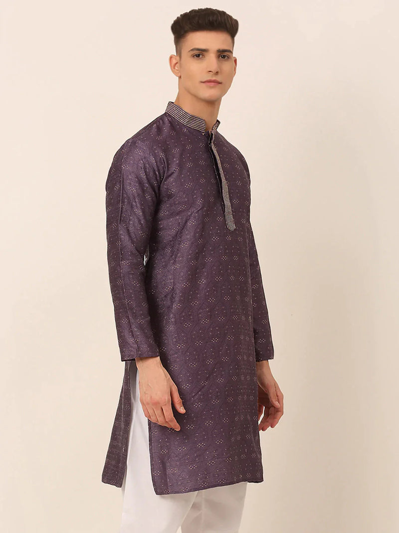 Men's Silk Blend Collar Embroidered Kurta only ( KO 662 Purple )