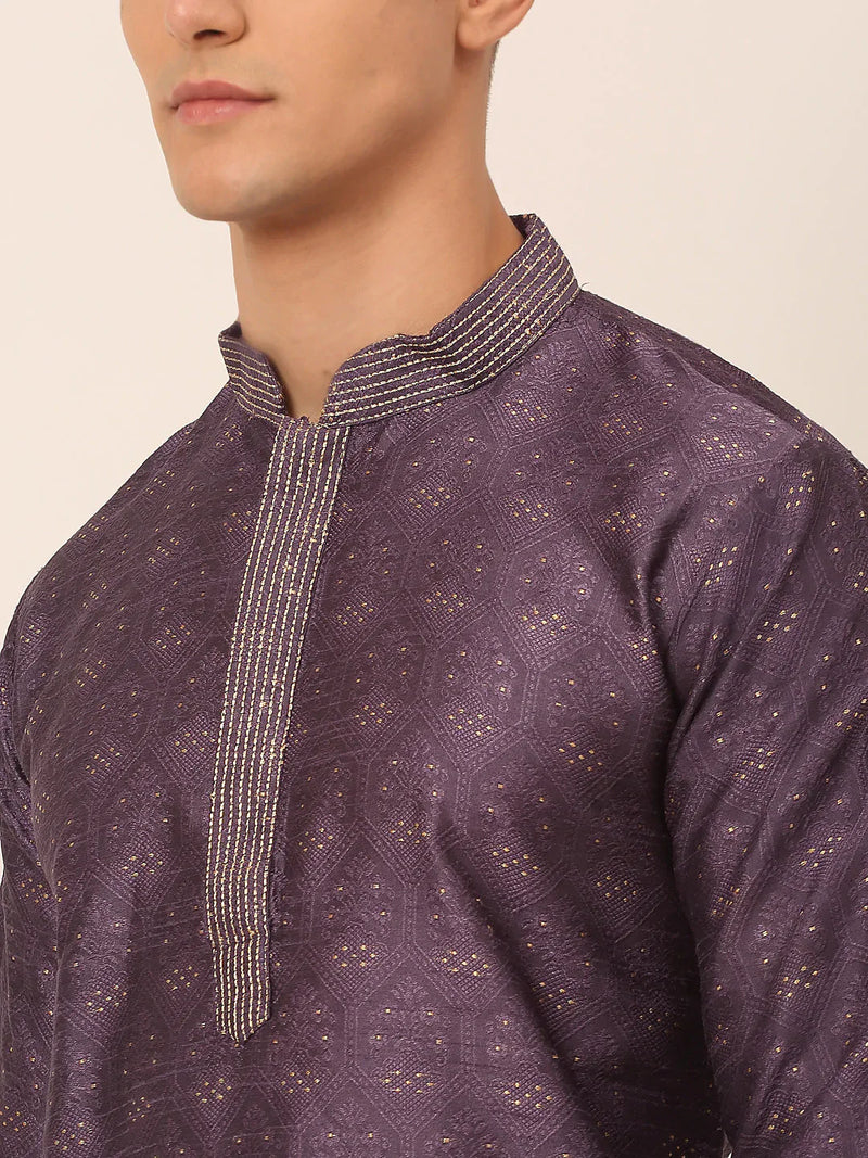 Men's Silk Blend Collar Embroidered Kurta Pyjama Set ( JOKP 662 Purple )