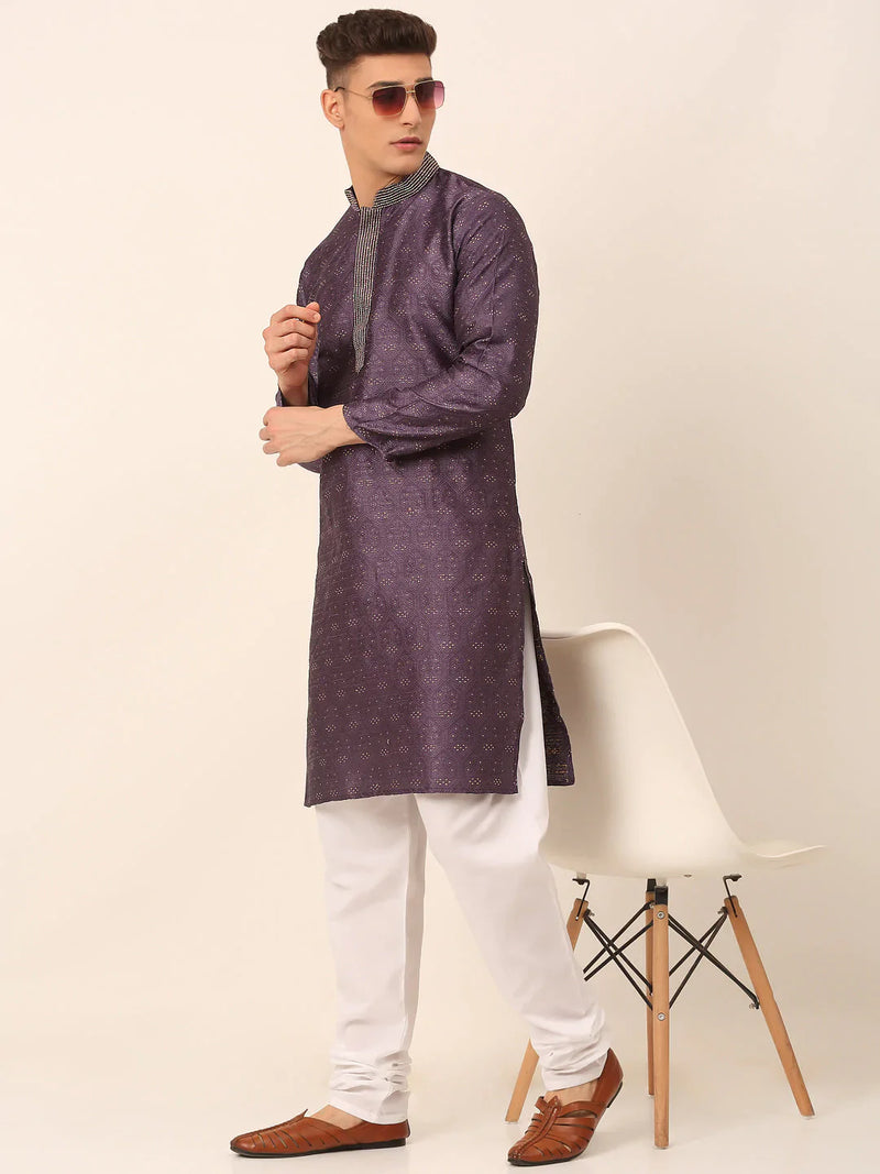 Men's Silk Blend Collar Embroidered Kurta Pyjama Set ( JOKP 662 Purple )