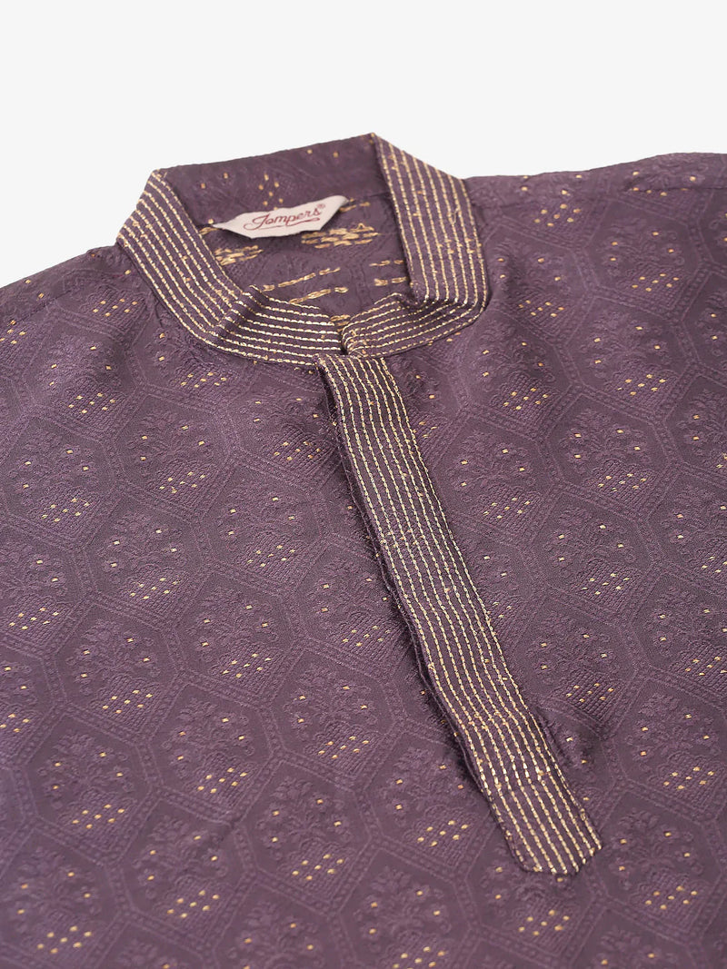 Men's Silk Blend Collar Embroidered Kurta Pyjama Set ( JOKP 662 Purple )