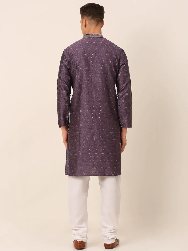 Men's Silk Blend Collar Embroidered Kurta Pyjama Set ( JOKP 662 Purple )