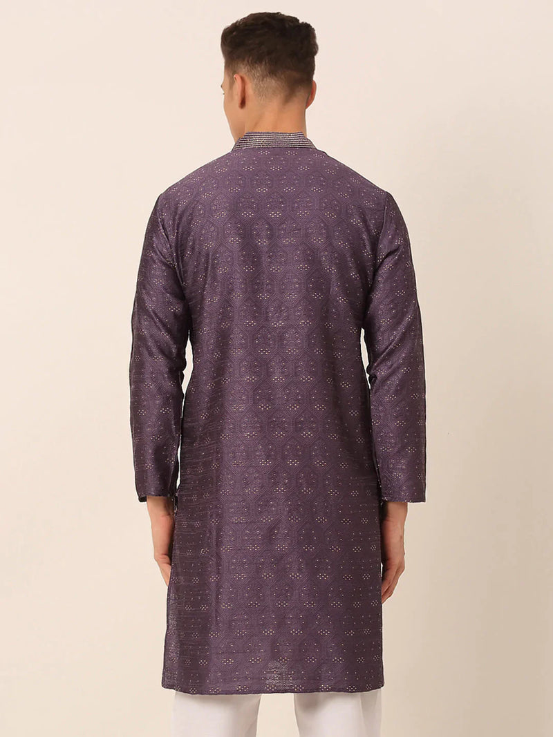 Men's Silk Blend Collar Embroidered Kurta only ( KO 662 Purple )