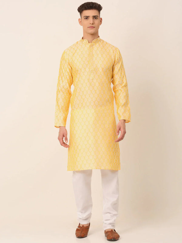 Men's Silk Blend Collar Embroidered Kurta Pyjama Set ( JOKP 663 Golden )