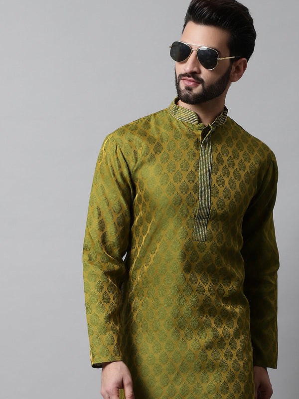 Men Olive Green and White Woven Design Kurta With Churidar ( JOKP 663Olive )