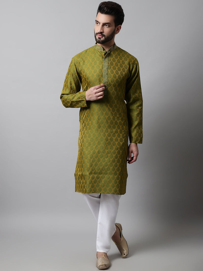 Men Olive Green and White Woven Design Kurta With Churidar ( JOKP 663Olive )