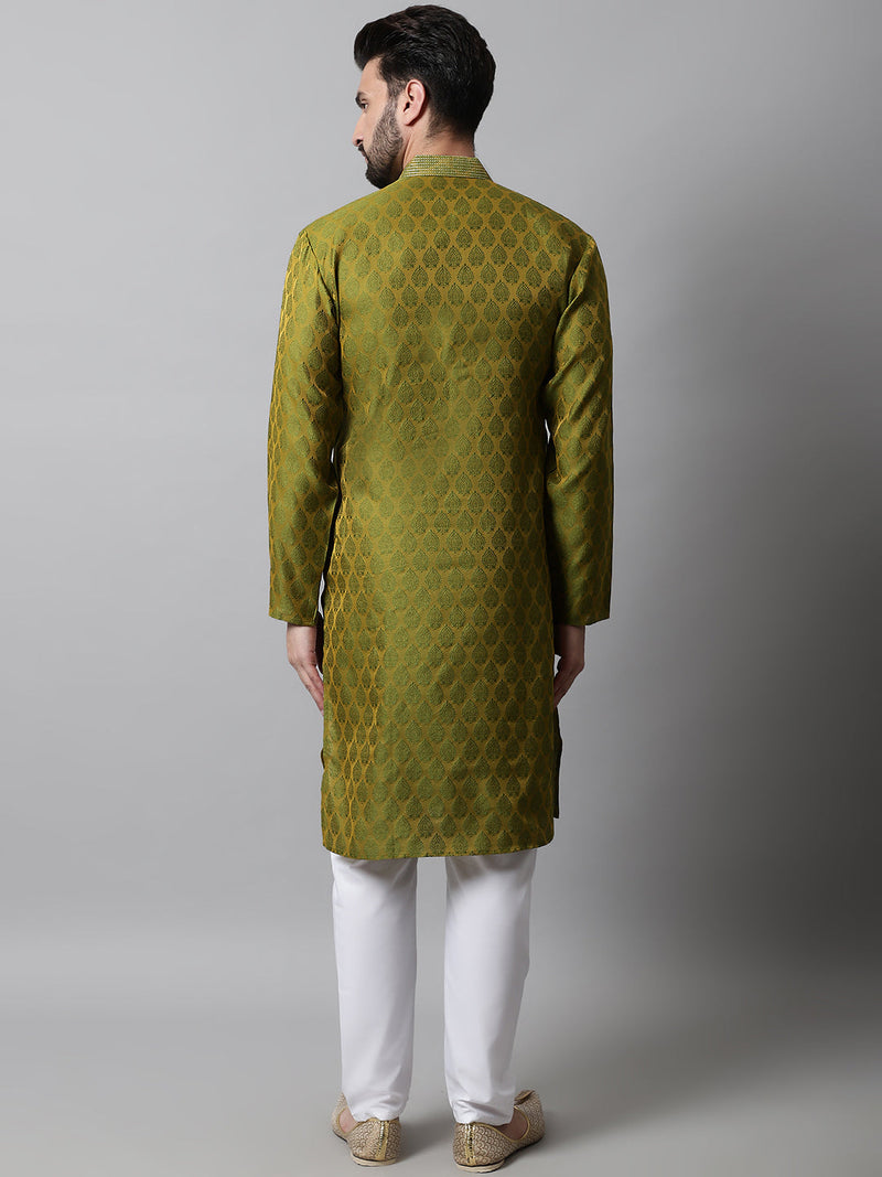 Men Olive Green and White Woven Design Kurta With Churidar ( JOKP 663Olive )