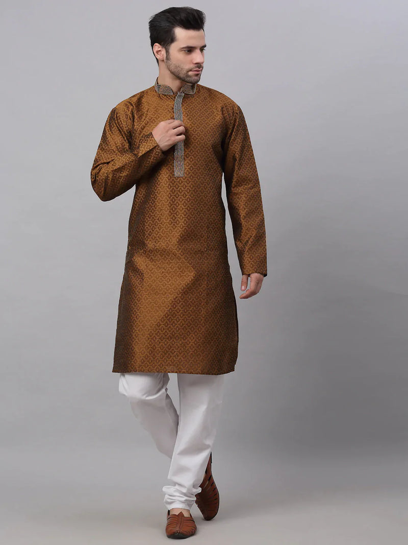 Men's Silk Blend Collar Embroidered Kurta Pyjama Set ( JOKP 664 Brown )