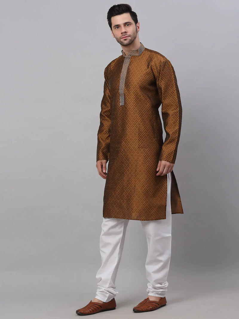 Men's Silk Blend Collar Embroidered Kurta Pyjama Set ( JOKP 664 Brown )