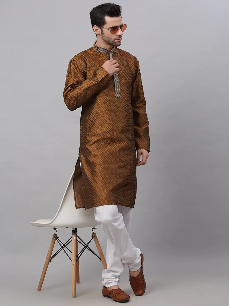 Men's Silk Blend Collar Embroidered Kurta Pyjama Set ( JOKP 664 Brown )