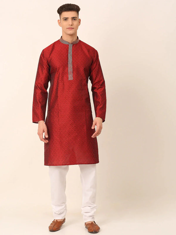 Men's Silk Blend Collar Embroidered Kurta Pyjama Set ( JOKP 664 Maroon )