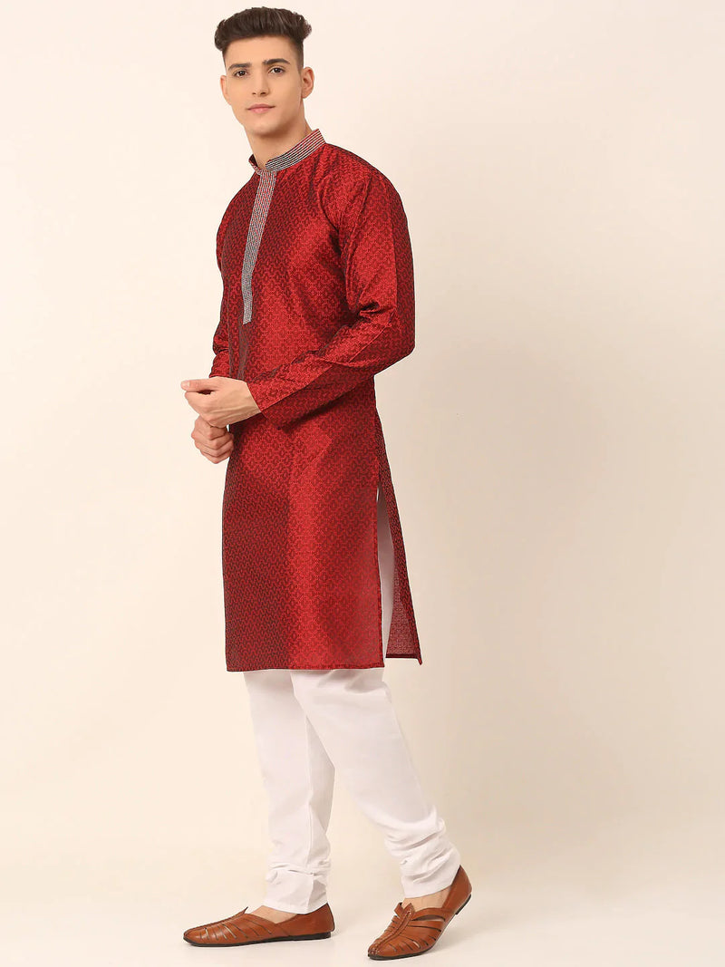 Men's Silk Blend Collar Embroidered Kurta Pyjama Set ( JOKP 664 Maroon )