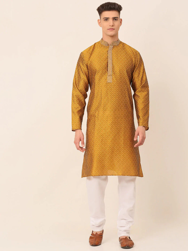 Men's Silk Blend Collar Embroidered Kurta Pyjama Set ( JOKP 664 Mustard )