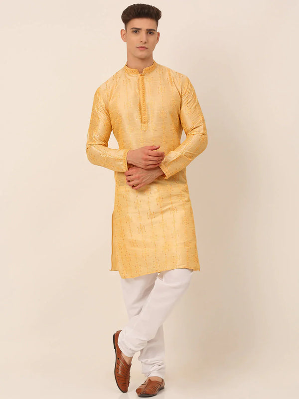 Men's Silk Blend Collar Embroidered Kurta Pyjama Set ( JOKP 665 Golden )