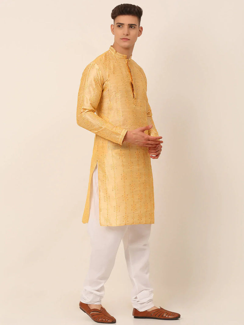 Men's Silk Blend Collar Embroidered Kurta Pyjama Set ( JOKP 665 Golden )