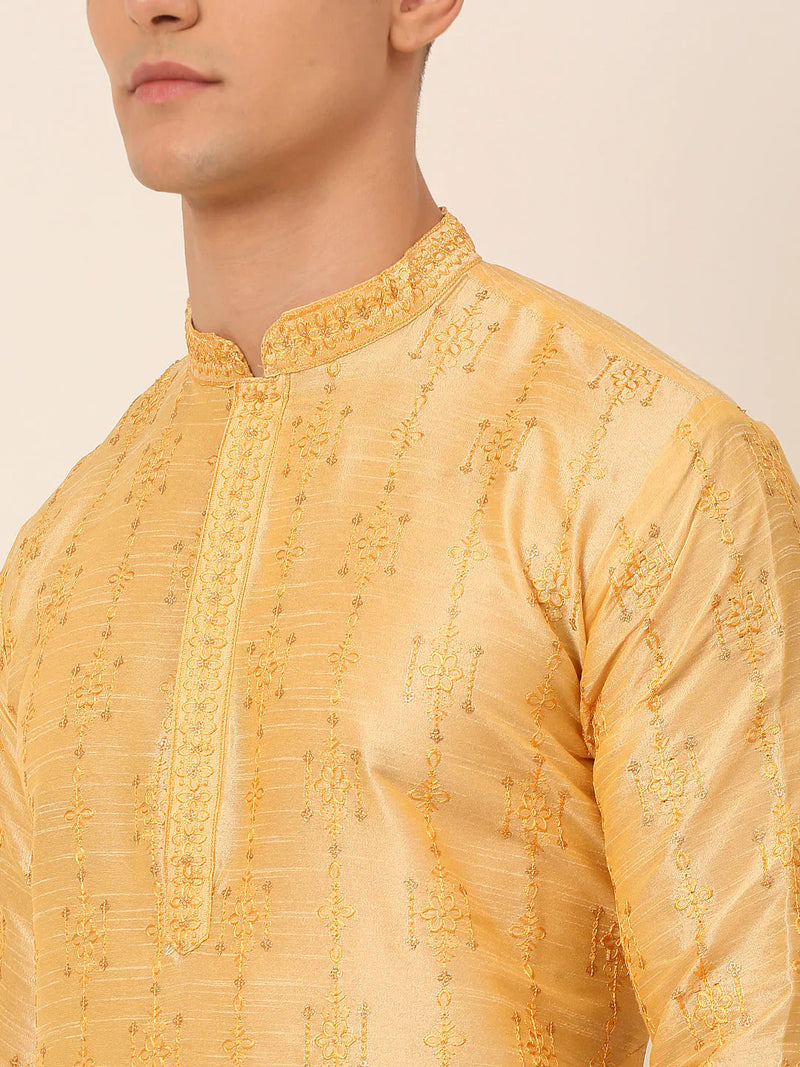 Men's Silk Blend Collar Embroidered Kurta Pyjama Set ( JOKP 665 Golden )