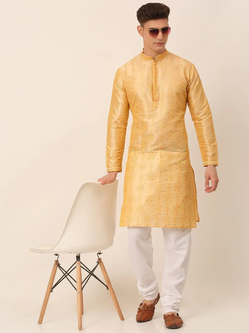 Men's Silk Blend Collar Embroidered Kurta Pyjama Set ( JOKP 665 Golden )