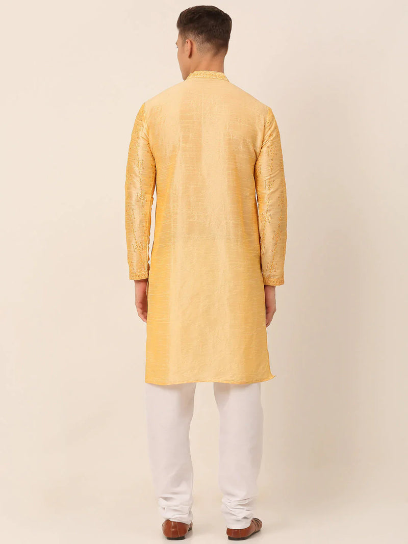 Men's Silk Blend Collar Embroidered Kurta Pyjama Set ( JOKP 665 Golden )