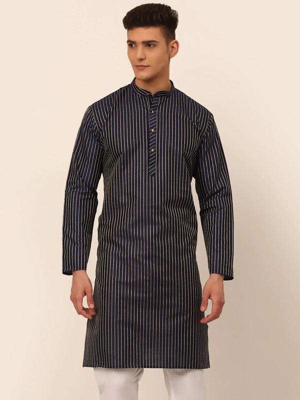 Men Navy Blue Striped Pleated Chikankari Kurta Only ( KO 666 Navy )