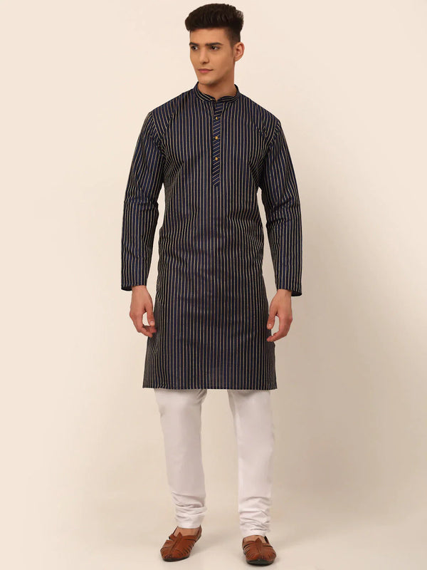 Men Navy Blue Striped Pleated Chikankari Kurta pyjama Set ( JOKP 666 Navy )