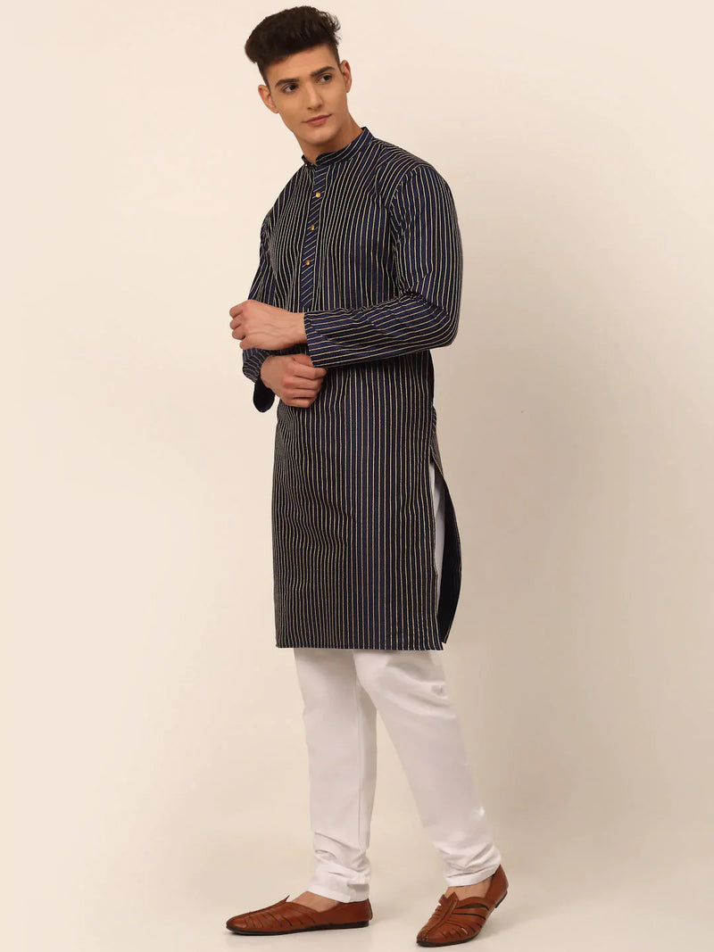 Men Navy Blue Striped Pleated Chikankari Kurta pyjama Set ( JOKP 666 Navy )