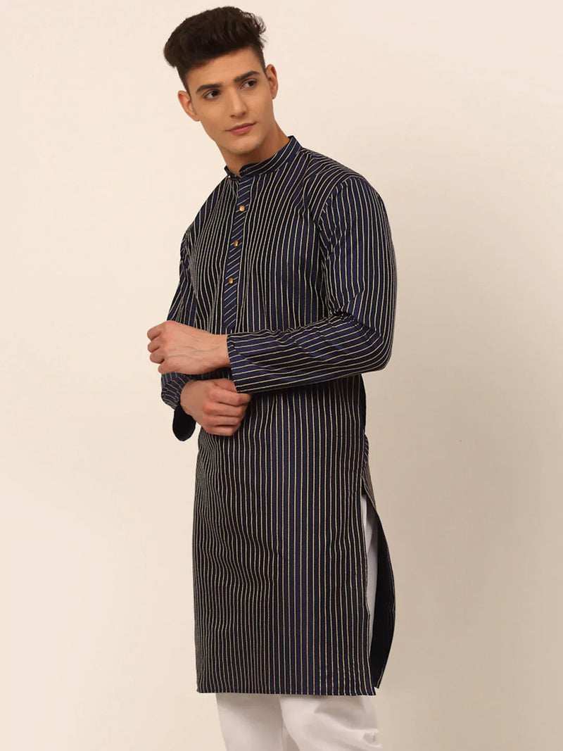 Men Navy Blue Striped Pleated Chikankari Kurta Only ( KO 666 Navy )