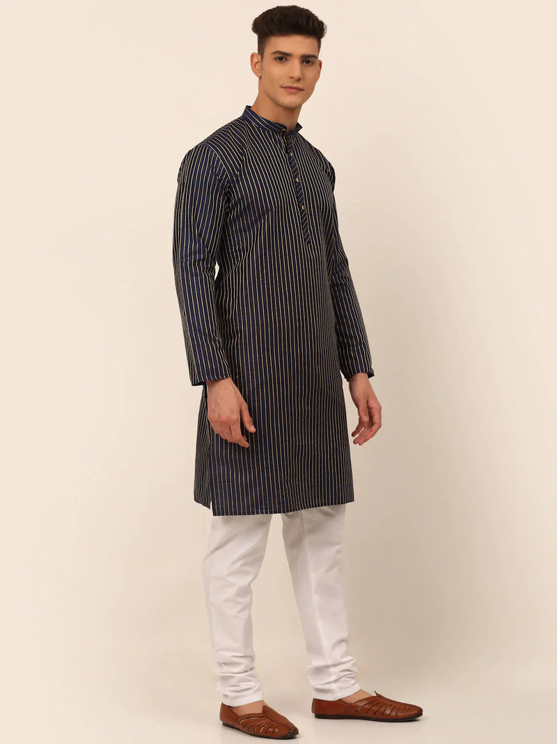 Men Navy Blue Striped Pleated Chikankari Kurta pyjama Set ( JOKP 666 Navy )